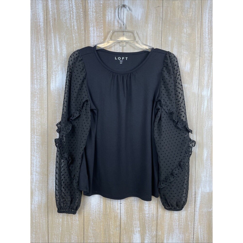 LOFT Pullover Top/Blouse, Women's Size SP, Black w/Swiss Dot/Ruffle Sleeves,